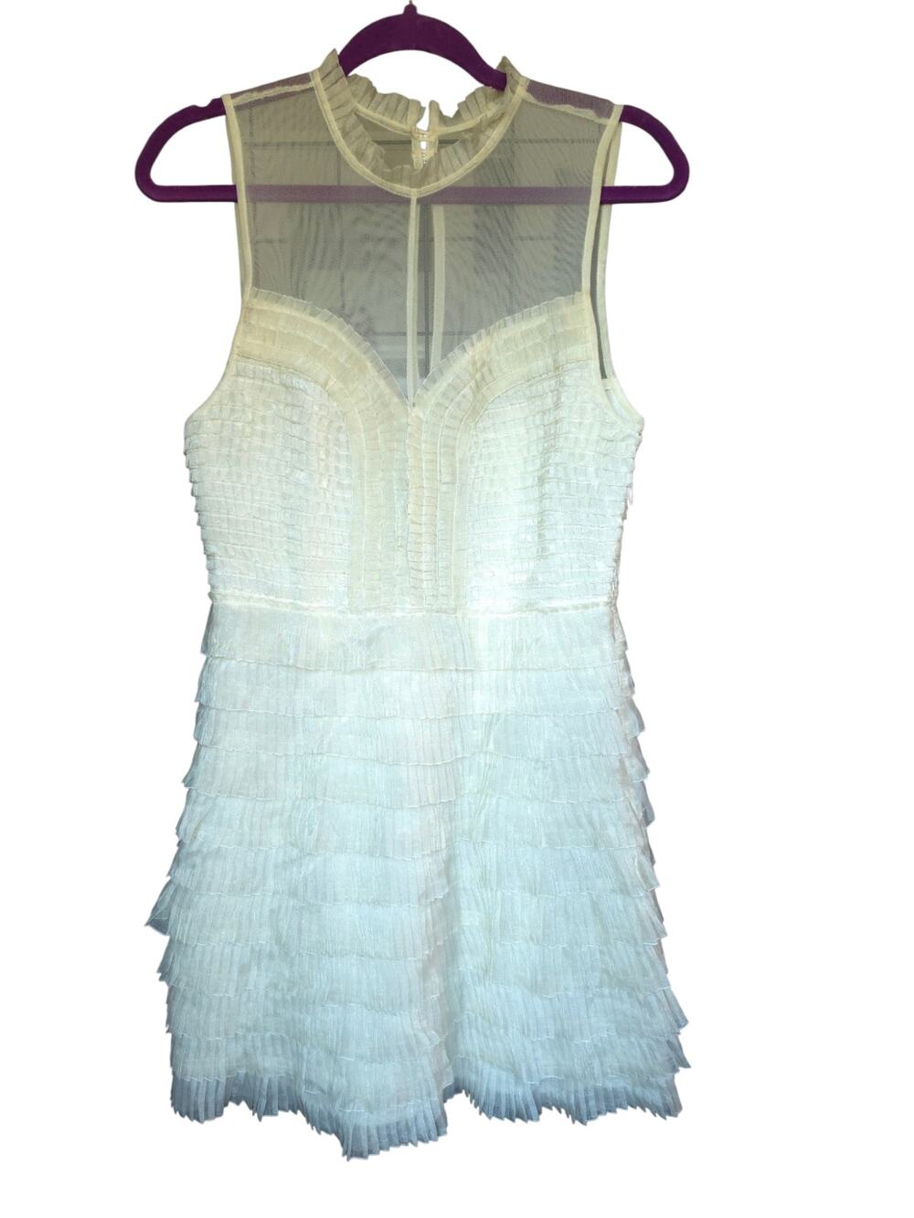 Free People Intimately Ivory Tiered Pleated Ruffle Mesh Mini Dress Size 8